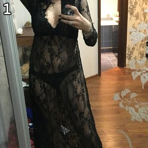 Women's Summer Sexy See Through Lace Deep V-Neck Long Sleeve Long Maxi Dress