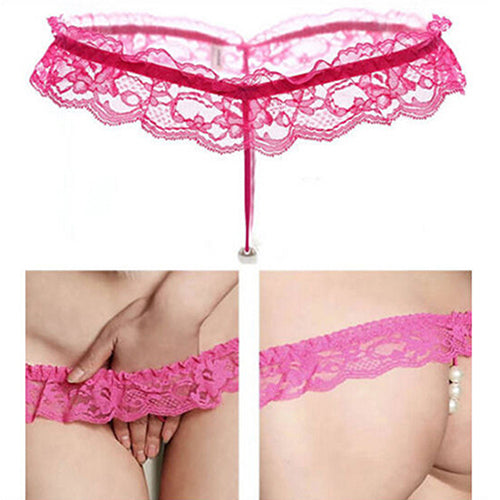 Women Sexy Faux Pearl Decor Crotch Thong Lace G-string Panties Underwear