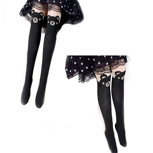 Women Fashion Cartoon Cute Bear Print Thigh-High Socks Tattoo Tights Pantyhose