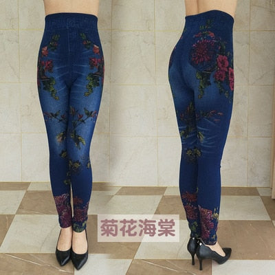 Women's Autumn Winter Jeans Plus Size Printing Imitation Denim Leggings High Waist Wear Stretch Plus Velvet Imitation Jeans Z136