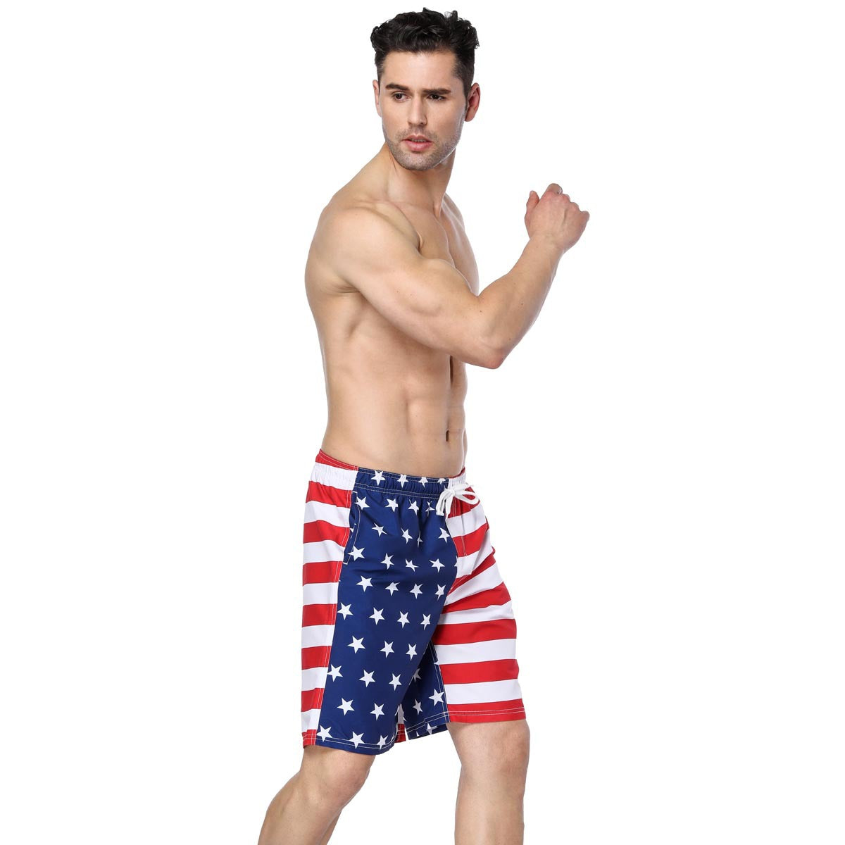 Asymmetric "Patriotic Man" Printed Beach Shorts