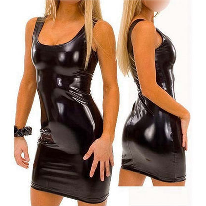 Vestido de lencería sexy de piel sintética con aspecto mojado para mujer