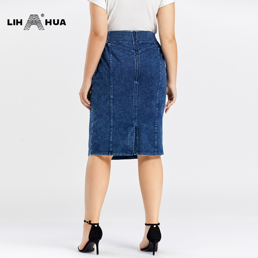 Plus Size Casual Denim Skirt High Flexibility Knitted Denim