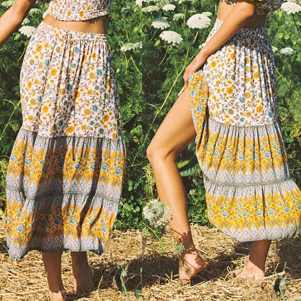 Printed Elastic High Waist Long Skirt