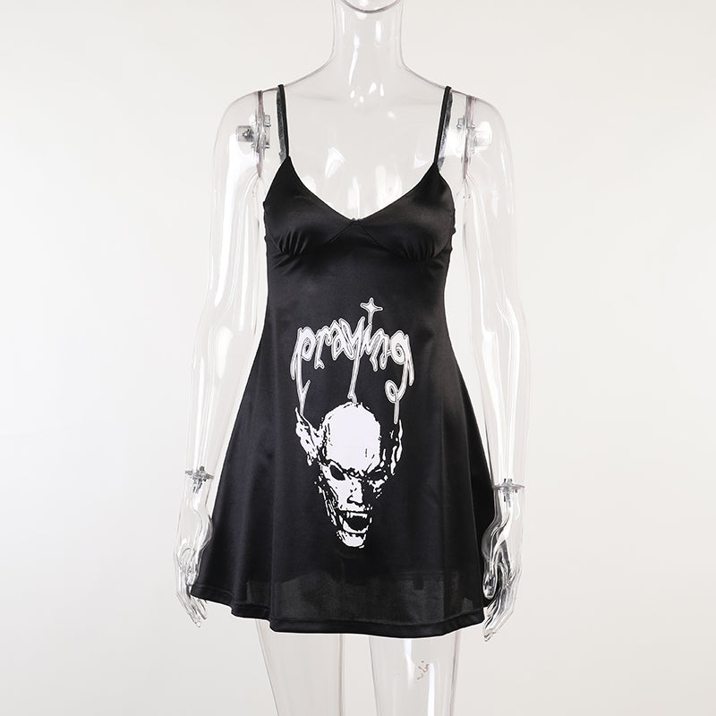 Satin Dark Skull Print Slip Dress