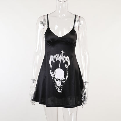 Satin Dark Skull Print Slip Dress