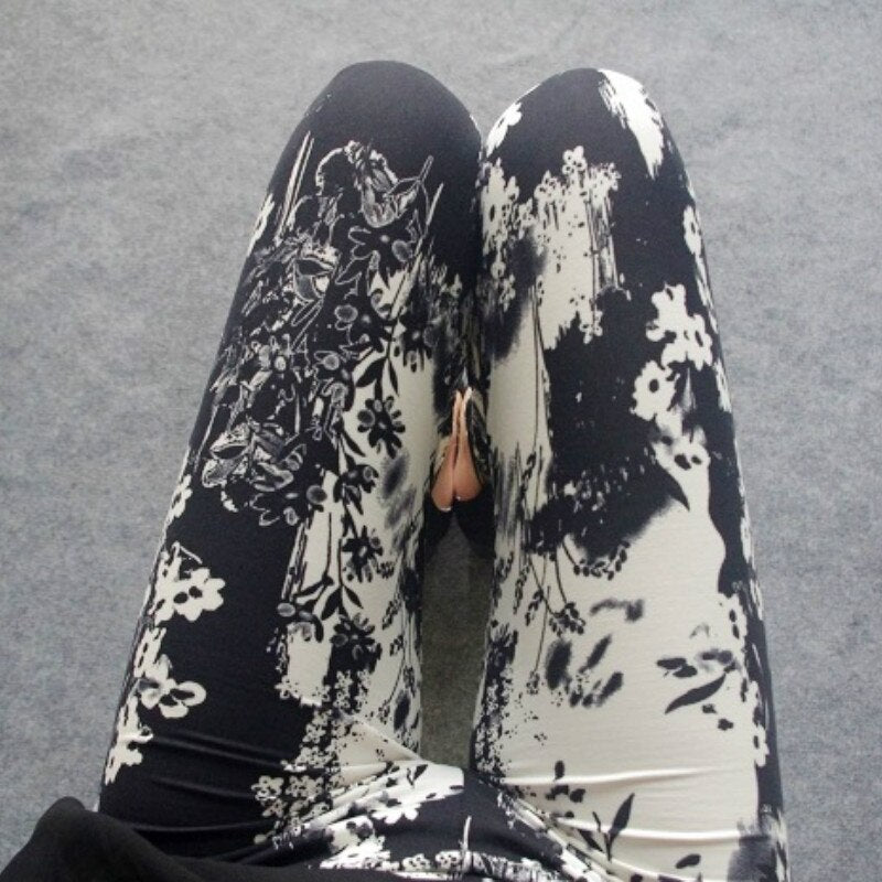 Leggings de mujer, Leggings con estampado de pintura de tinta de viento nacional, Leggings transpirables de cintura alta de verano, pantalones de mujer 