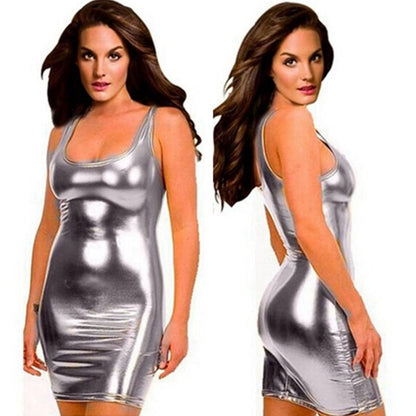 Vestido de lencería sexy de piel sintética con aspecto mojado para mujer