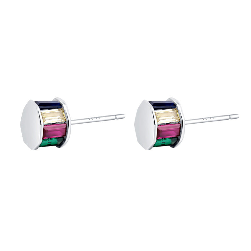 925 Sterling Silver Crystal Rainbow Round Solid Heavy Earrings