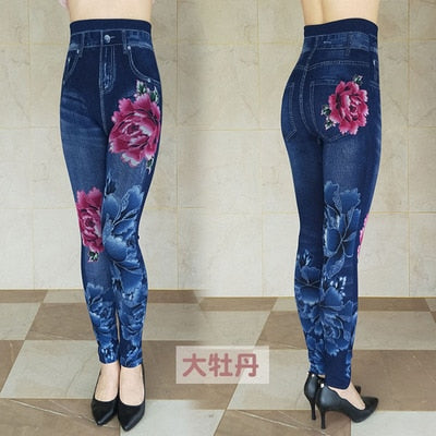 Women's Autumn Winter Jeans Plus Size Printing Imitation Denim Leggings High Waist Wear Stretch Plus Velvet Imitation Jeans Z136