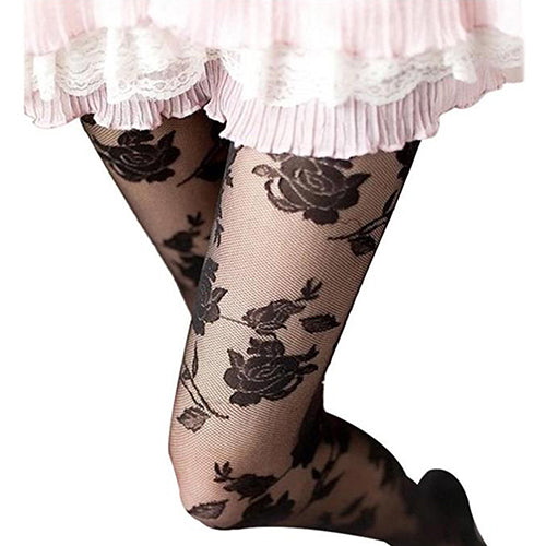 Women Fashion Rose Pattern Tight Lace Pantyhose Sexy See-through Stockings