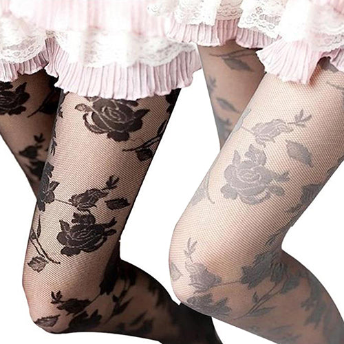 Women Fashion Rose Pattern Tight Lace Pantyhose Sexy See-through Stockings