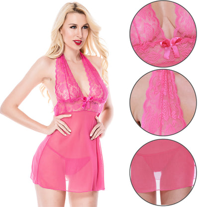 Babydoll de encaje con cuello en V profundo y halter