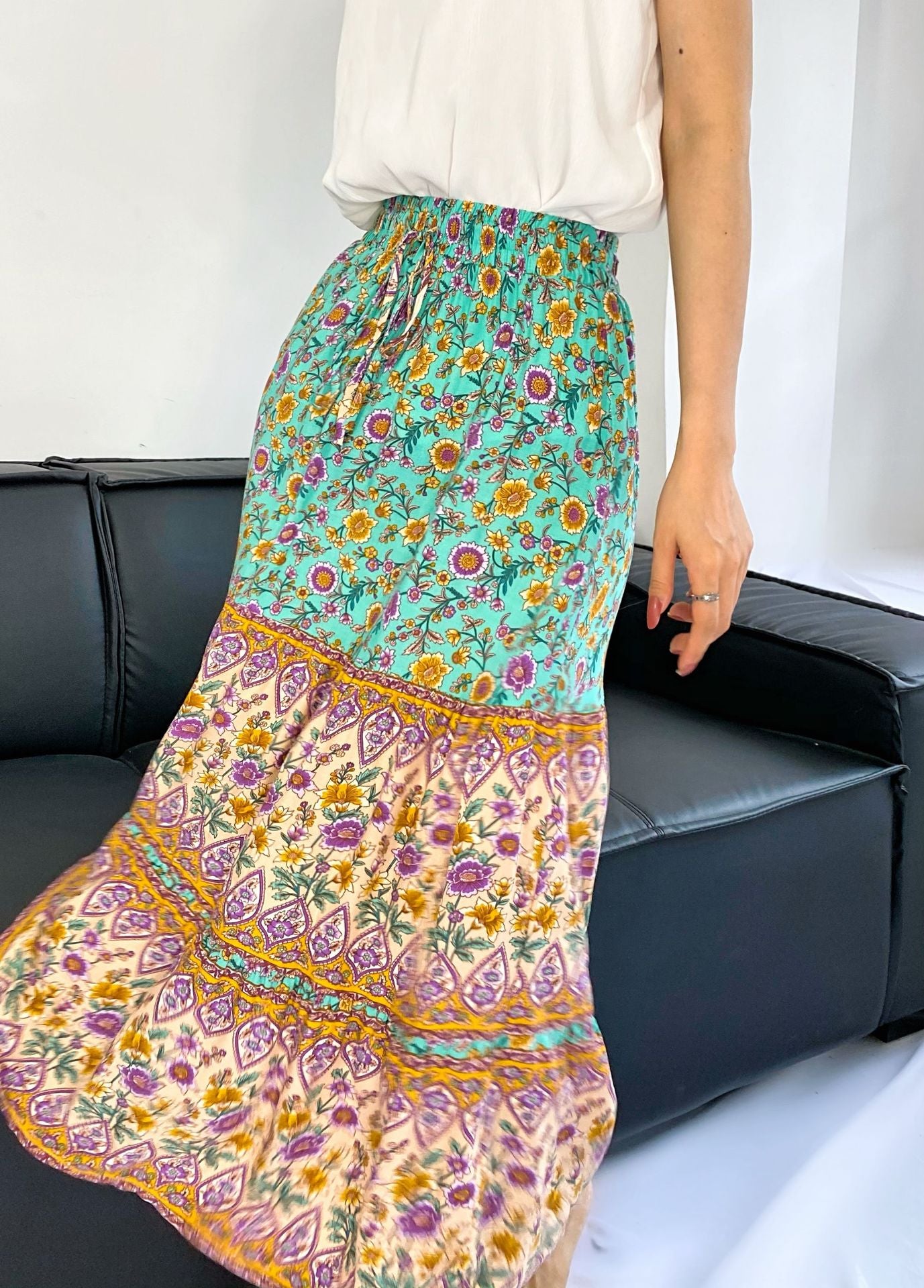 Printed Elastic High Waist Long Skirt