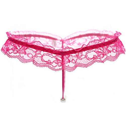 Women Sexy Faux Pearl Decor Crotch Thong Lace G-string Panties Underwear