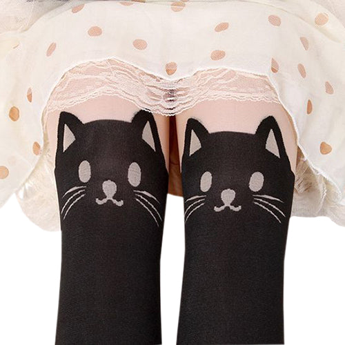 Women Sexy Cat Tail Knee High Hosiery Pantyhose Tattoo Leggings Tights