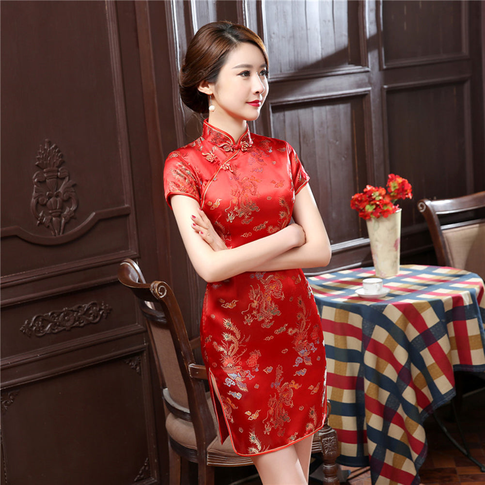 Vestido Cheongsam delgado con cuello alto y Fénix dragón chino para mujer