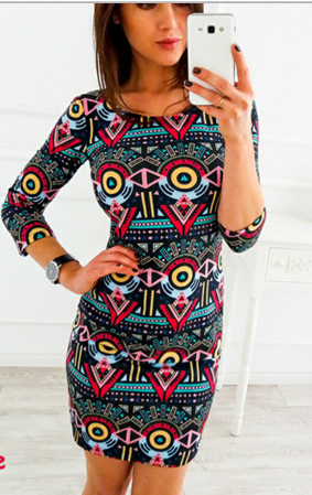 Round neck cropped sleeve print sexy slim pencil dress - The Styky Shack