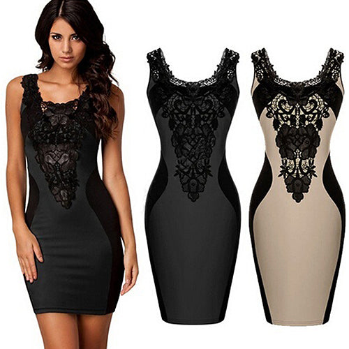 Women's Faux Leather Flower Lace Dress Cocktail Party Color Blocking Slim Dress