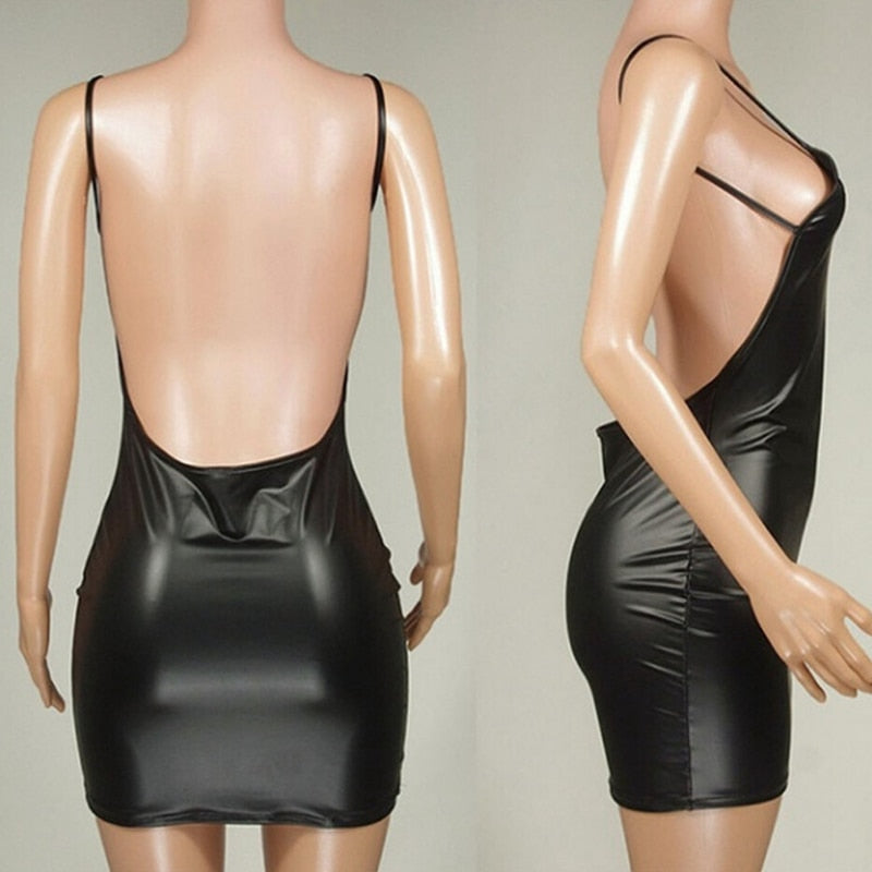 Sexy Faux Leather Dress Backless Club Party Short Dress Solid Black Wet Look Latex Bodycon Push Up Bra Mini Micro Dress - The Styky Shack