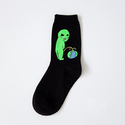 Alien Pee Print Mujeres Hombres Casual Cómodo Algodón Divertido Mediados De Pantorrilla Calcetines