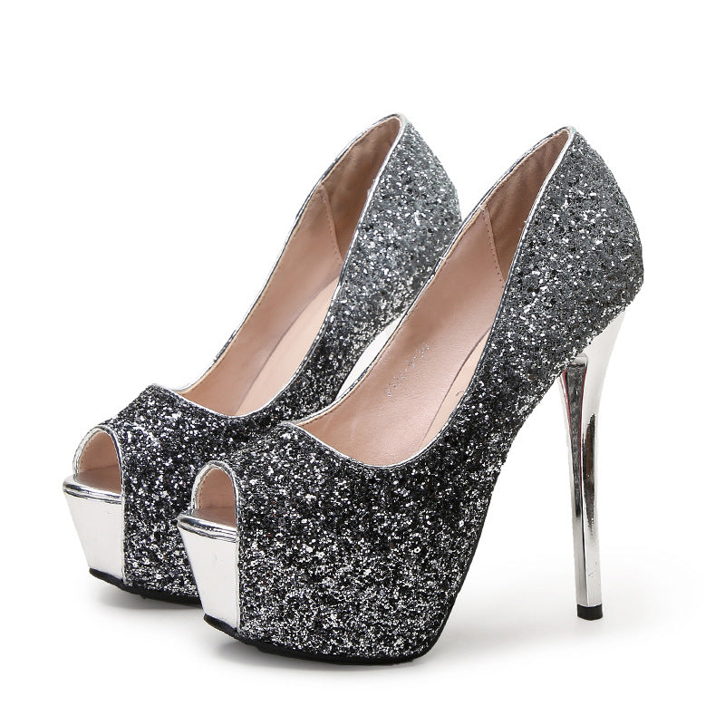 Fashion Sequin Gradient Color Sexy Fish Mouth Stiletto Platform High Heels - The Styky Shack