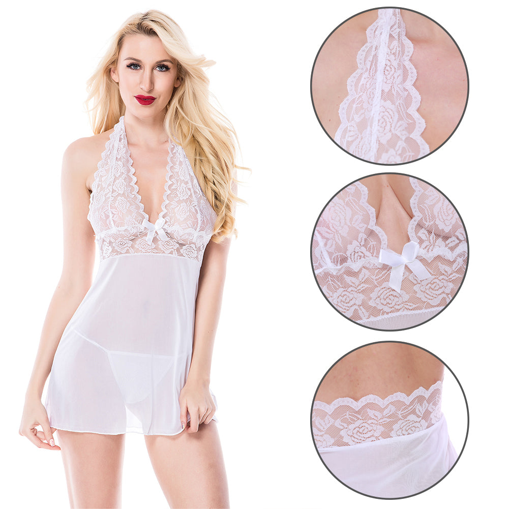 Babydoll de encaje con cuello en V profundo y halter