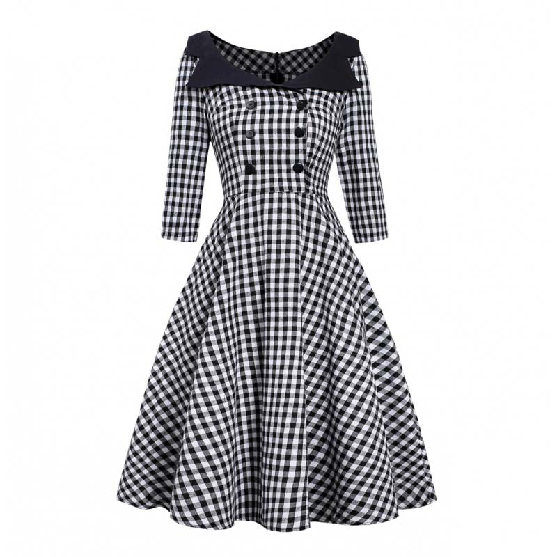 Retro Plus Size Three-Quarter Sleeve Plaid Dress