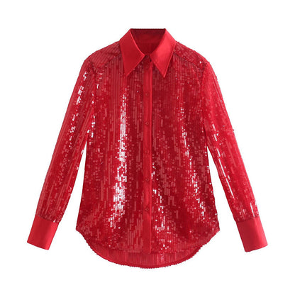 Women's Solid Color Lapel Sequined Long-sleeved Top