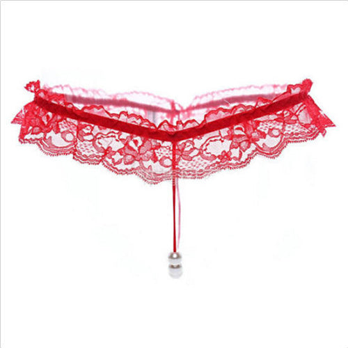 Women Sexy Faux Pearl Decor Crotch Thong Lace G-string Panties Underwear