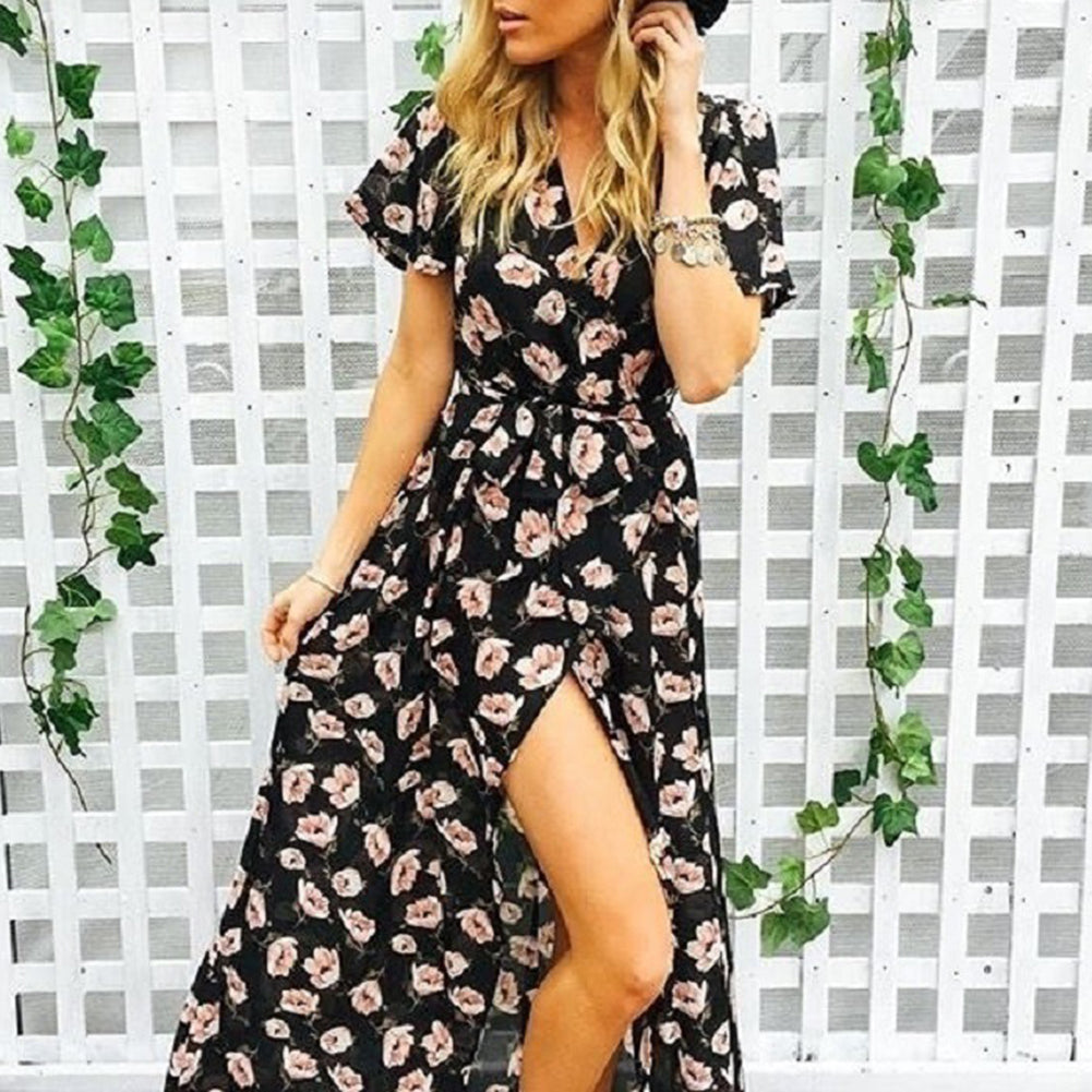 Sexy Flower Printed Loose Short Sleeve Dress Women Casual V Neck