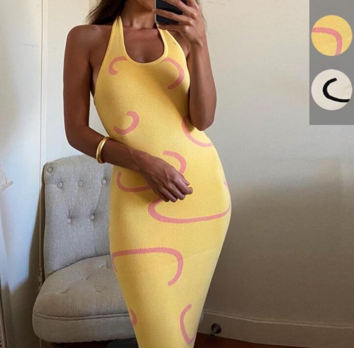 Knitted Bodycon Dress Women Y2K Halter Neck Summer Yellow Sleeveless Midi Backless Party Sexy Dresses - The Styky Shack