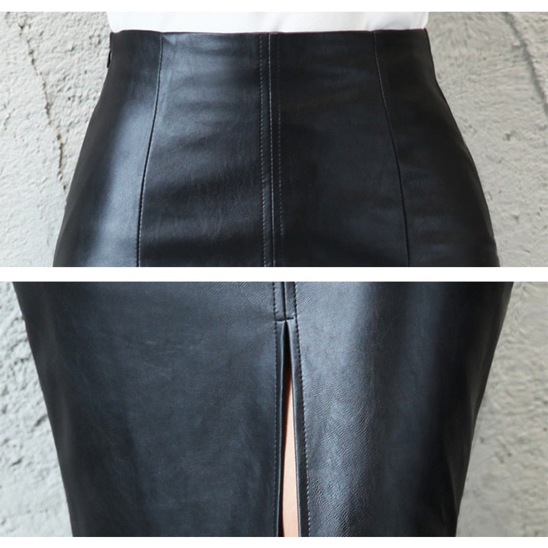 Black PU Leather Skirt Women 2021 New Midi Sexy High Waist Bodycon Split Skirt Office Pencil Skirt Knee Length Plus Size - The Styky Shack