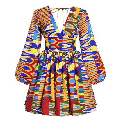 African Style Long-sleeved V-neck Dress t