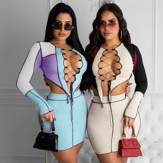 Hollow Out Long Sleeve Sexy Patchwork Mini Skirt Set