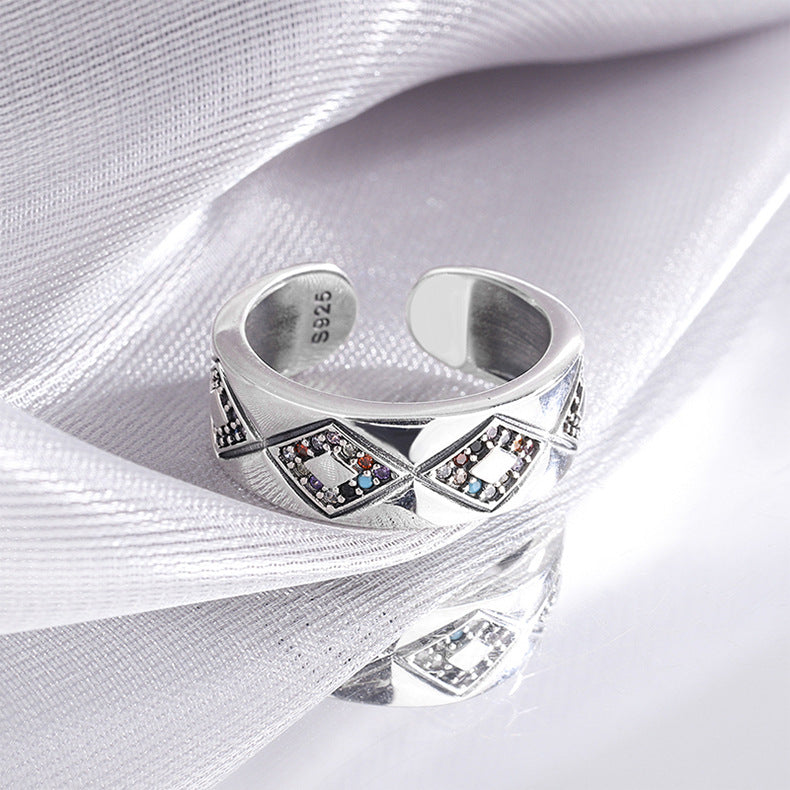 .925 Sterling Silver Diamond Multi Color Zircon Angel Eye Ring