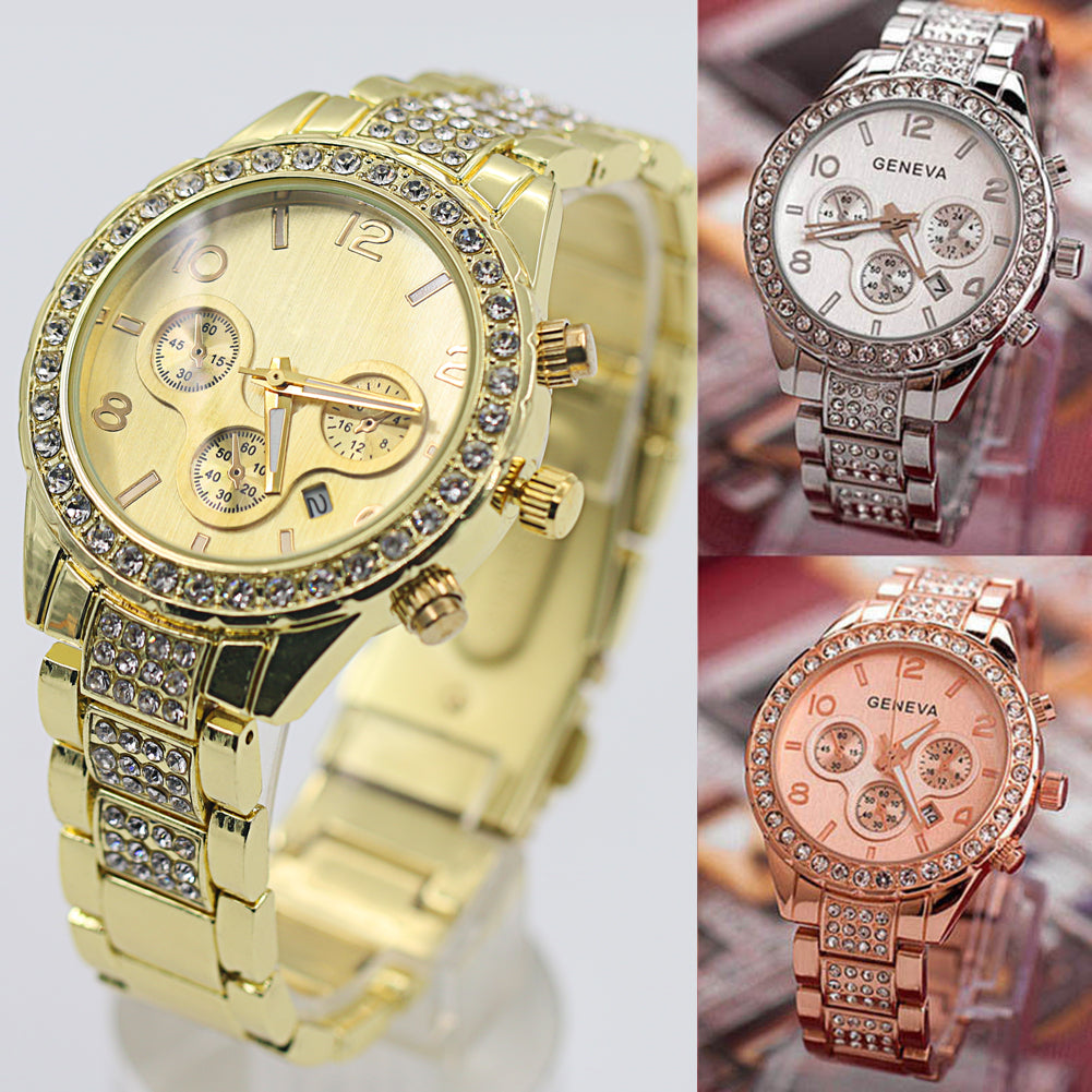 Reloj de pulsera analógico de cuarzo con banda de acero inoxidable y esferas decorativas Geneva para mujer