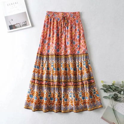 Printed Elastic High Waist Long Skirt