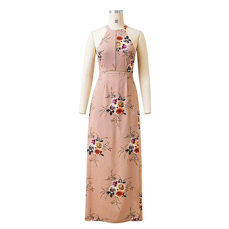 Sexy Backless Printed Vintage Long Skirt Dress