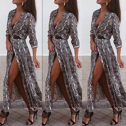 High Fashioned Snakeskin Pattern Long Dress w/ High Slit