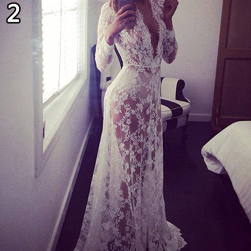 Women's Summer Sexy See Through Lace Deep V-Neck Long Sleeve Long Maxi Dress