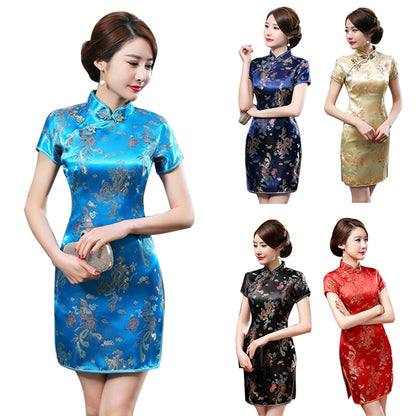 Women Chinese Dragon Phoenix Stand Collar Slim Cheongsam Dress