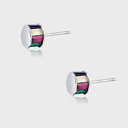 925 Sterling Silver Crystal Rainbow Round Solid Heavy Earrings