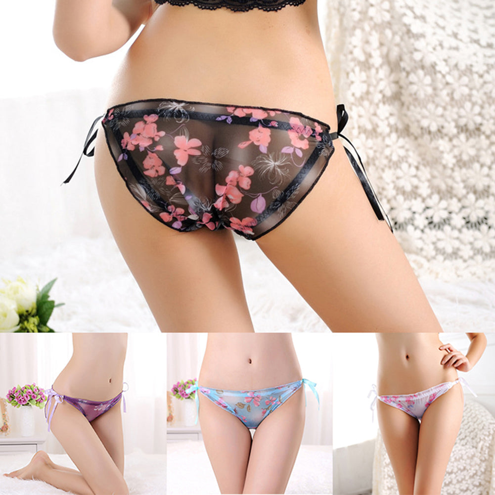 Ropa interior sexy transparente con estampado floral y lazo para mujer