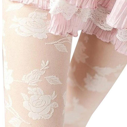 Women Fashion Rose Pattern Tight Lace Pantyhose Sexy See-through Stockings