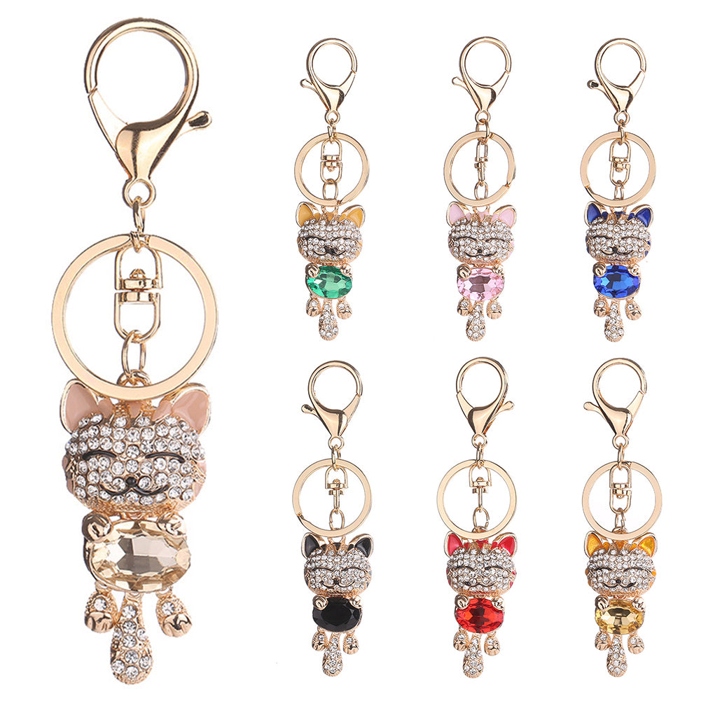 Women Lucky Cat Rhinestones Bag Hanging Keychain Key Ring Clasp Car Accessories