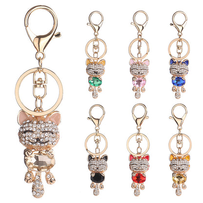 Women Lucky Cat Rhinestones Bag Hanging Keychain Key Ring Clasp Car Accessories