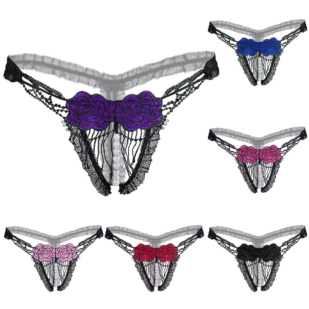 Women Sexy Faux Pearl Hollow Embroidery Rose Crotchless G-String Thong Underwear