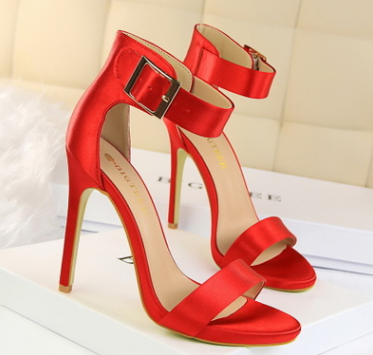 Satin sexy stiletto platform high heels with buckled sandals