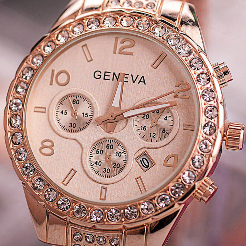 Reloj de pulsera analógico de cuarzo con banda de acero inoxidable y esferas decorativas Geneva para mujer